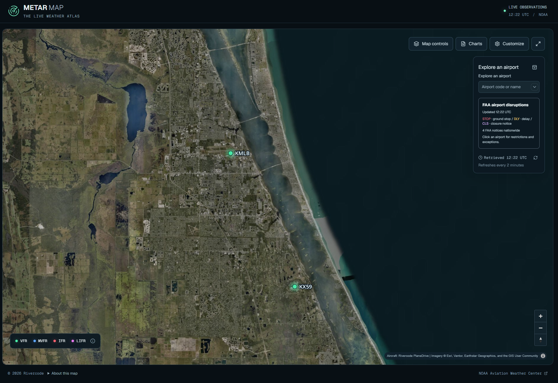 METAR Map showing airport weather over satellite imagery of Florida